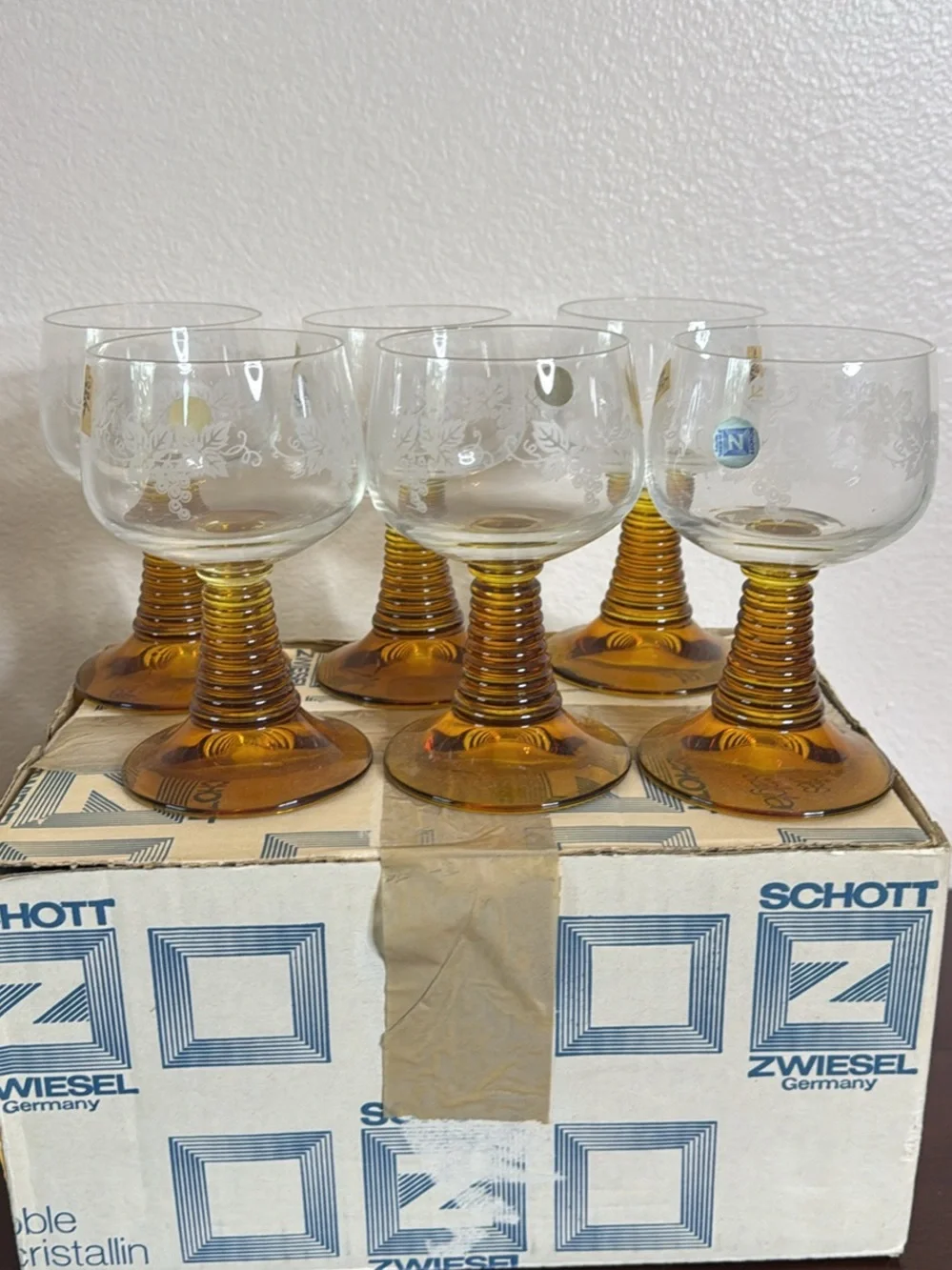 Vintage Schott Zwiesel Amber Ribbed Stem Wine Glasses with Etched Bowls
